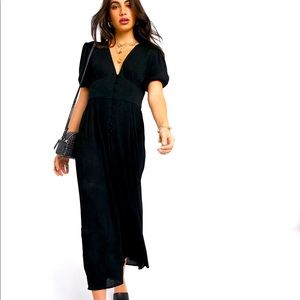ASOS DESIGN crinkle tea jumpsuit with puff sleeve in black size 2